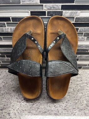 Womens Birkenstock Betula Black Leather Slide Sandals with Leaf Detail size 9